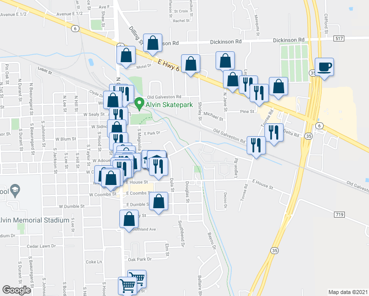 map of restaurants, bars, coffee shops, grocery stores, and more near 705 East Adoue Street in Alvin