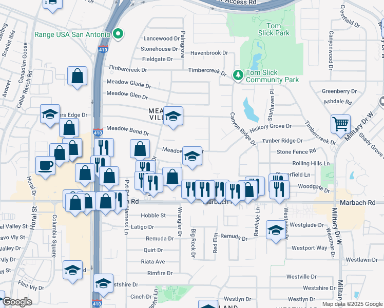 map of restaurants, bars, coffee shops, grocery stores, and more near 126 Meadow Trail Drive in San Antonio