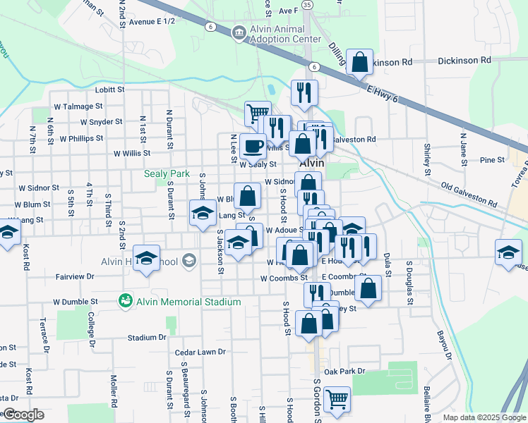 map of restaurants, bars, coffee shops, grocery stores, and more near 402 South Taylor Street in Alvin