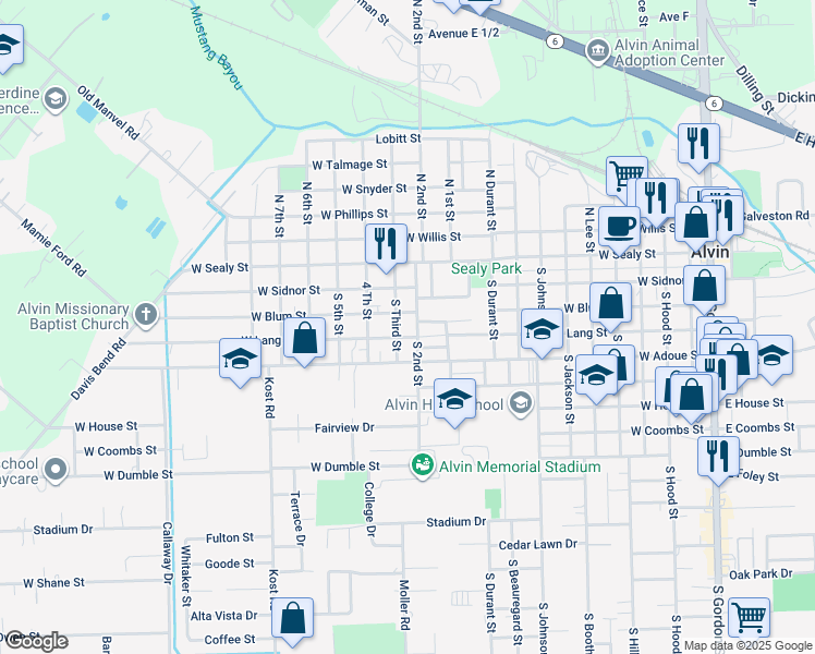 map of restaurants, bars, coffee shops, grocery stores, and more near 328 South 2nd Street in Alvin