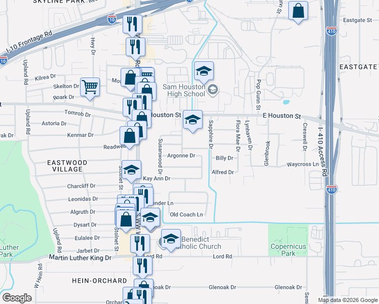 map of restaurants, bars, coffee shops, grocery stores, and more near 4702 Argonne Drive in San Antonio