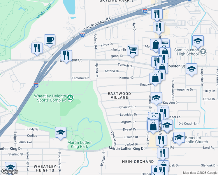 map of restaurants, bars, coffee shops, grocery stores, and more near 379 Longview Drive in San Antonio
