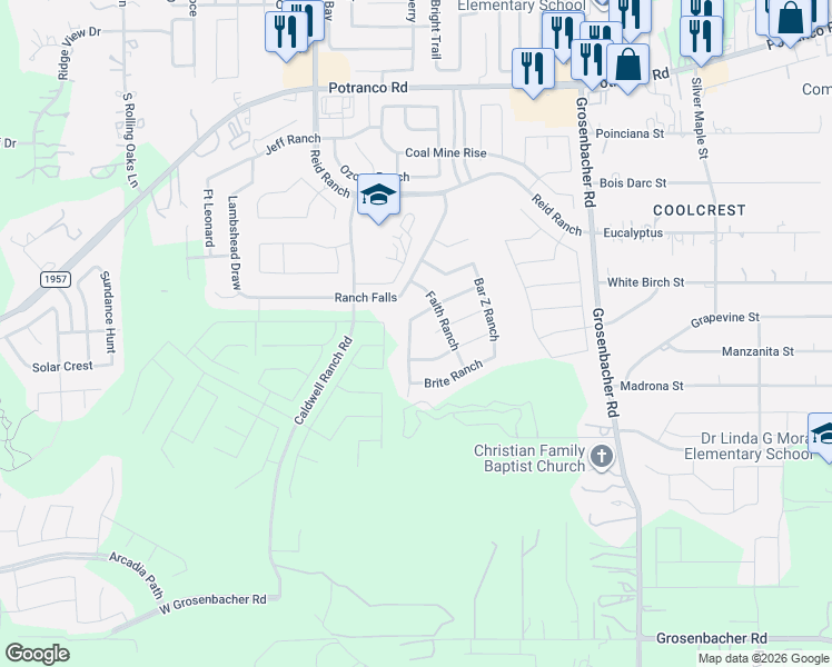 map of restaurants, bars, coffee shops, grocery stores, and more near 12614 Neville Ranch in San Antonio