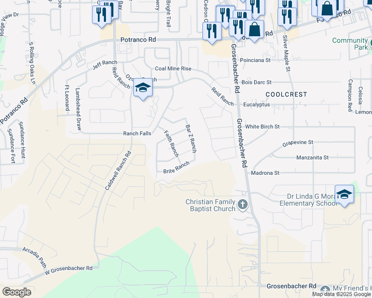map of restaurants, bars, coffee shops, grocery stores, and more near 12527 Ponder Ranch in San Antonio