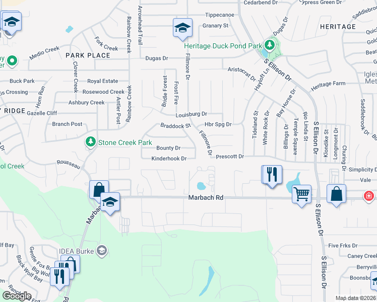 map of restaurants, bars, coffee shops, grocery stores, and more near 10515 Kinderhook Drive in San Antonio