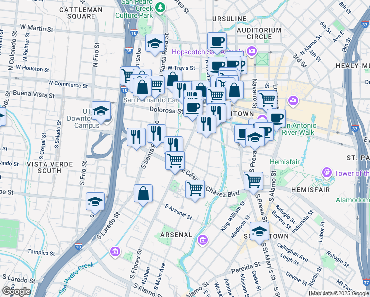map of restaurants, bars, coffee shops, grocery stores, and more near 305 South Flores Street in San Antonio