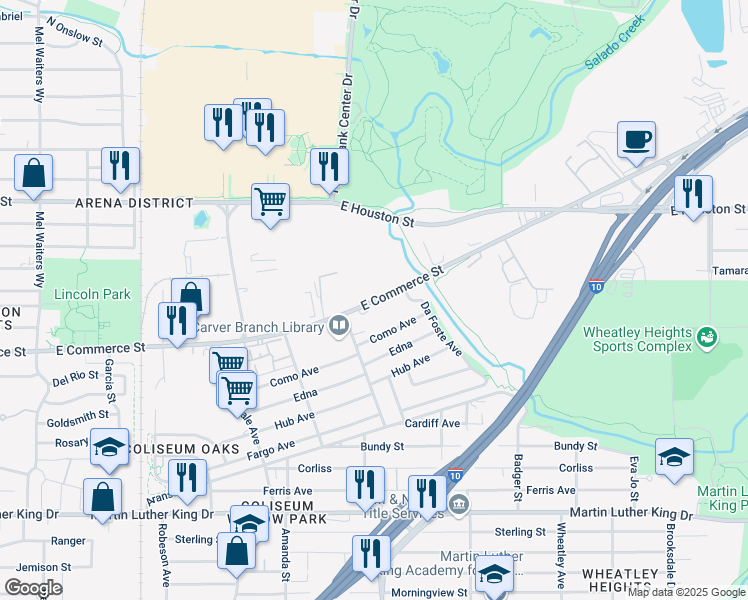 map of restaurants, bars, coffee shops, grocery stores, and more near 3430 East Commerce Street in San Antonio