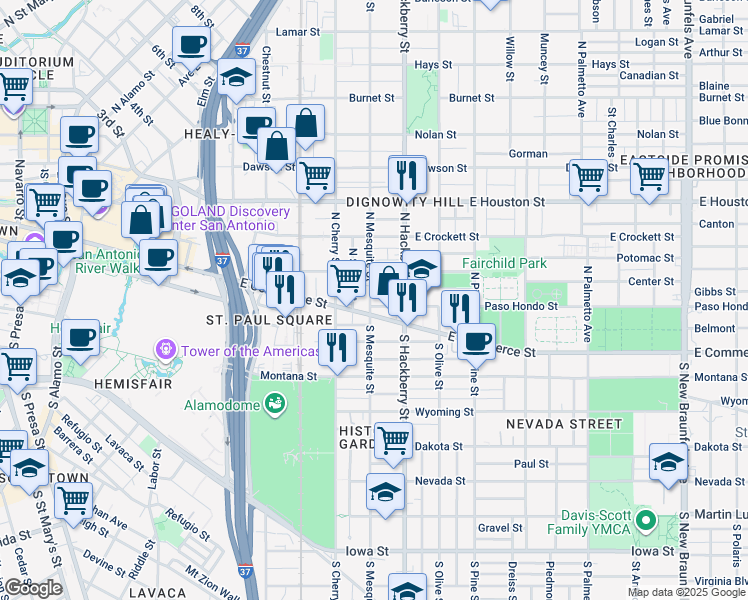 map of restaurants, bars, coffee shops, grocery stores, and more near 1309 East Commerce Street in San Antonio