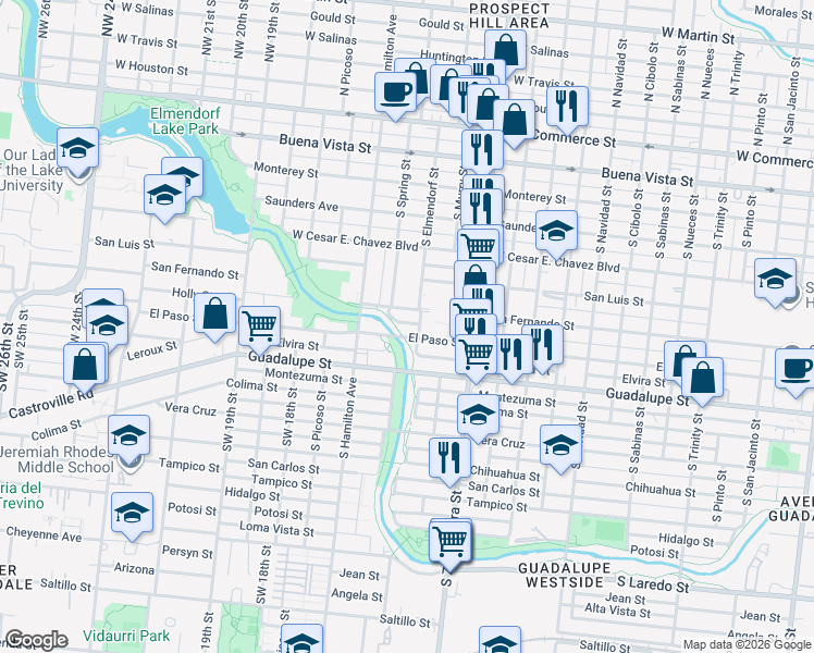 map of restaurants, bars, coffee shops, grocery stores, and more near 2705 El Paso Street in San Antonio