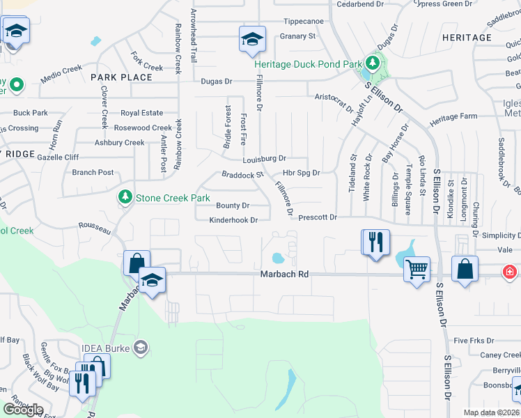 map of restaurants, bars, coffee shops, grocery stores, and more near 10515 Kinderhook Drive in San Antonio