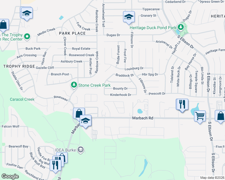map of restaurants, bars, coffee shops, grocery stores, and more near 10575 Kinderhook in San Antonio
