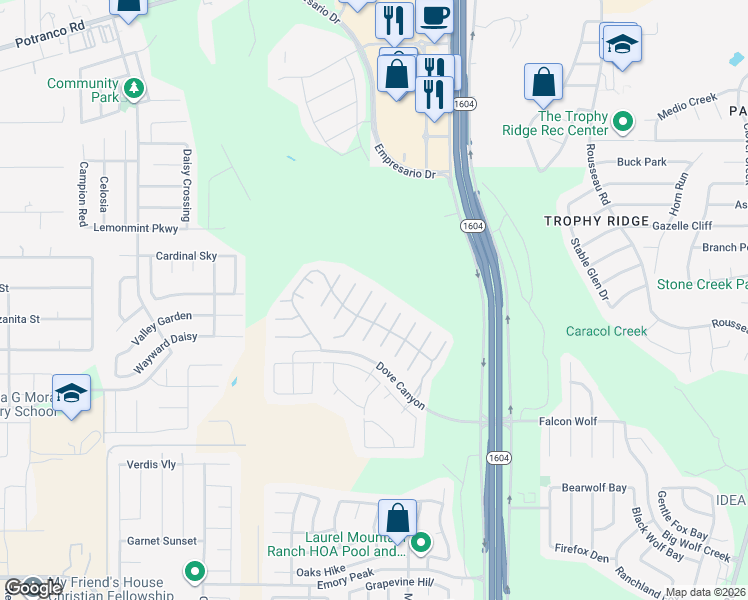 map of restaurants, bars, coffee shops, grocery stores, and more near 1327 Crane Court in San Antonio