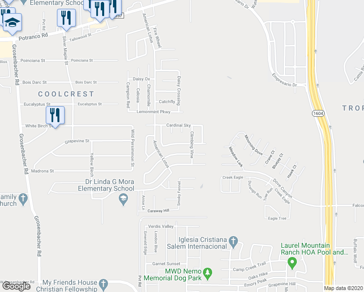 map of restaurants, bars, coffee shops, grocery stores, and more near 11615 Valley Garden in San Antonio