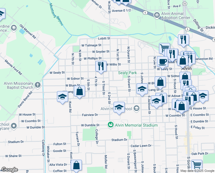 map of restaurants, bars, coffee shops, grocery stores, and more near 328 South 2nd Street in Alvin