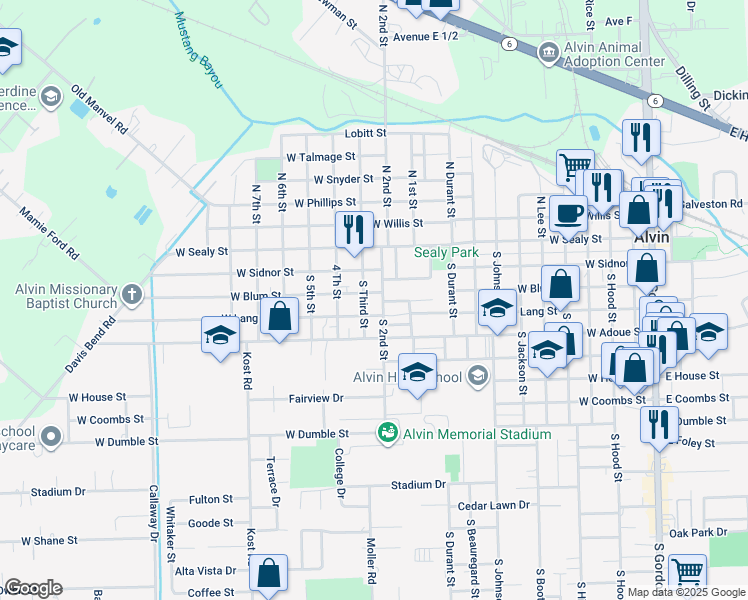 map of restaurants, bars, coffee shops, grocery stores, and more near 328 South 2nd Street in Alvin