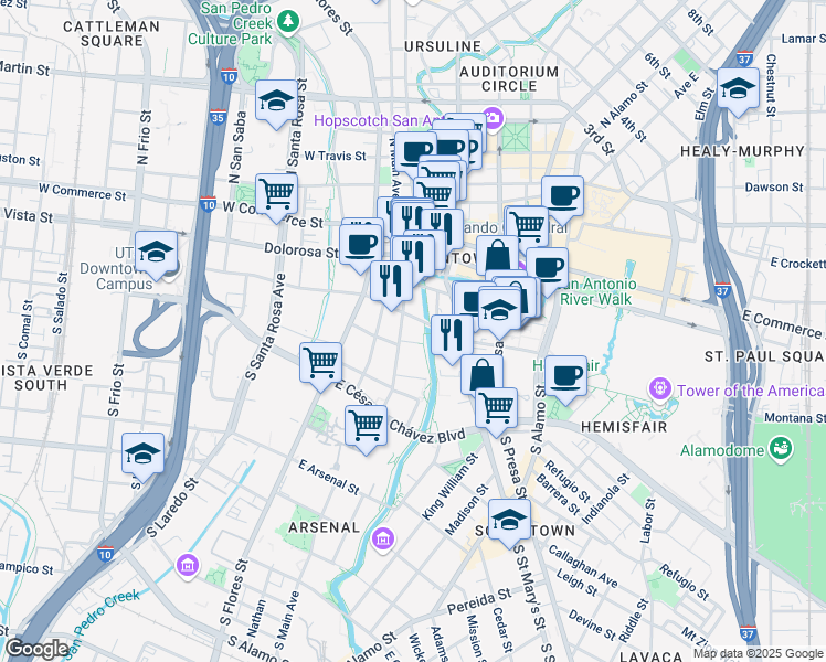 map of restaurants, bars, coffee shops, grocery stores, and more near 226 Dwyer Avenue in San Antonio