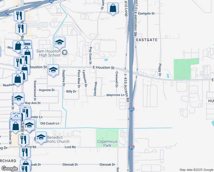 map of restaurants, bars, coffee shops, grocery stores, and more near 5114 Edgemoor Street in San Antonio
