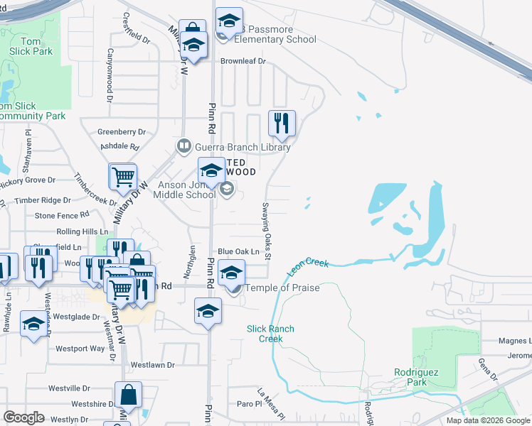 map of restaurants, bars, coffee shops, grocery stores, and more near 1335 Swaying Oaks Street in San Antonio