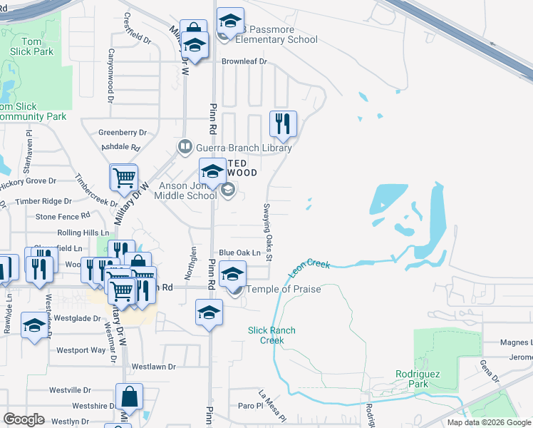 map of restaurants, bars, coffee shops, grocery stores, and more near 1335 Swaying Oaks Street in San Antonio