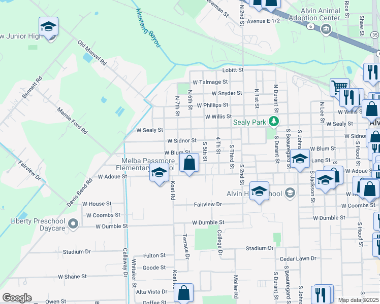map of restaurants, bars, coffee shops, grocery stores, and more near 1616 West Lang Street in Alvin