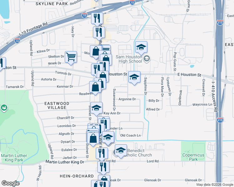 map of restaurants, bars, coffee shops, grocery stores, and more near 4610 Argonne Drive in San Antonio