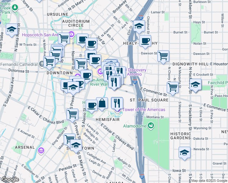 map of restaurants, bars, coffee shops, grocery stores, and more near 900 East Market Street in San Antonio