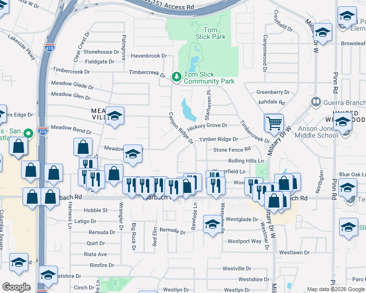 map of restaurants, bars, coffee shops, grocery stores, and more near 7218 Timber Ridge Drive in San Antonio