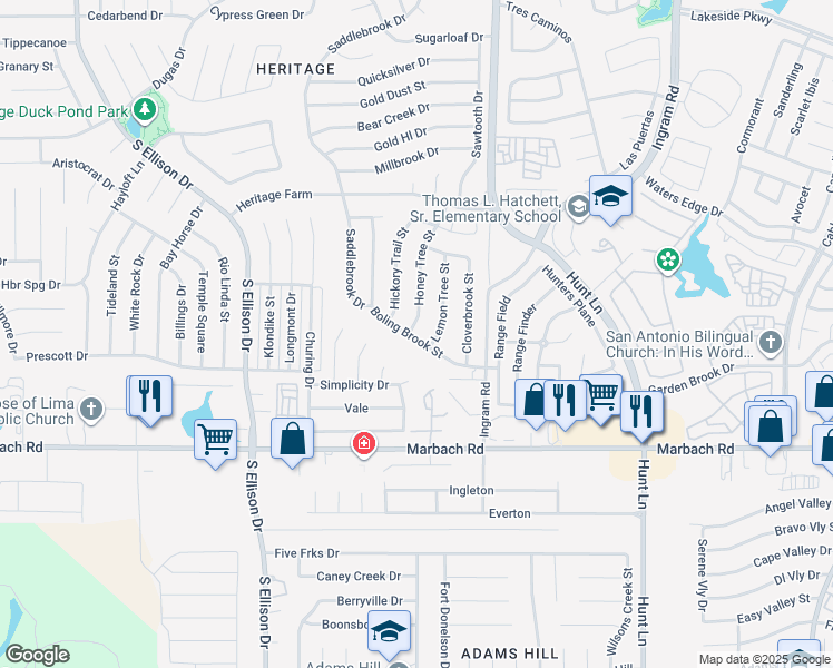 map of restaurants, bars, coffee shops, grocery stores, and more near 1203 Boling Brook Street in San Antonio