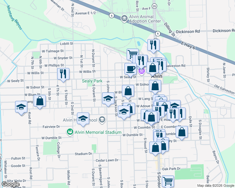 map of restaurants, bars, coffee shops, grocery stores, and more near 703 West Lang Street in Alvin