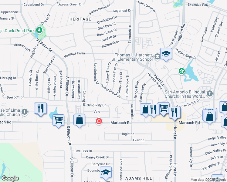 map of restaurants, bars, coffee shops, grocery stores, and more near 1203 Boling Brook Street in San Antonio