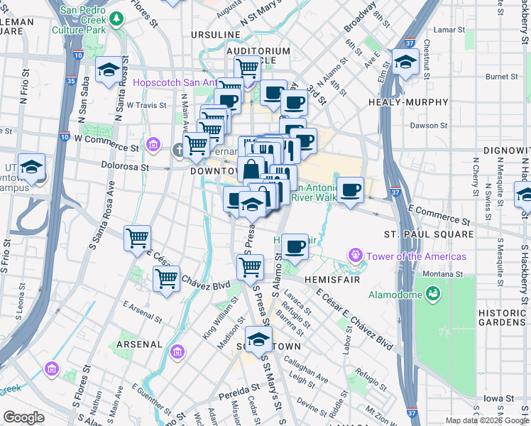 map of restaurants, bars, coffee shops, grocery stores, and more near 418 Villita Street in San Antonio