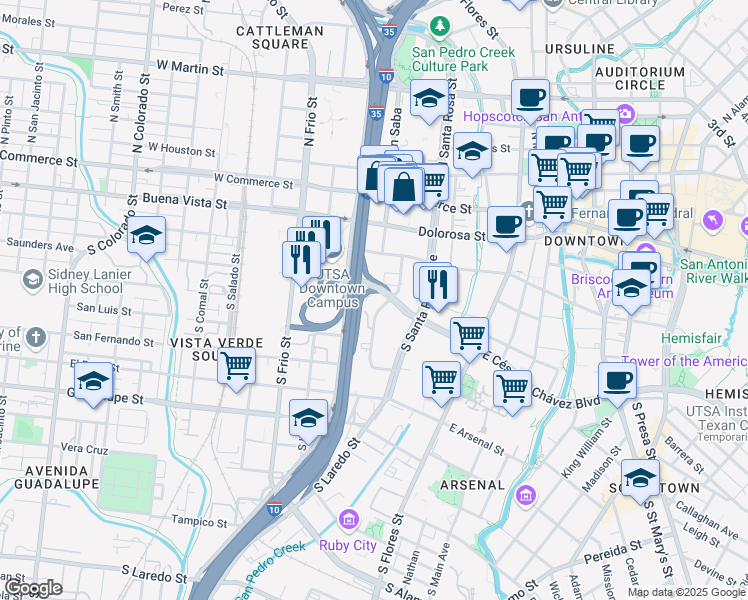 map of restaurants, bars, coffee shops, grocery stores, and more near W Cesar E. Chavez Blvd in San Antonio