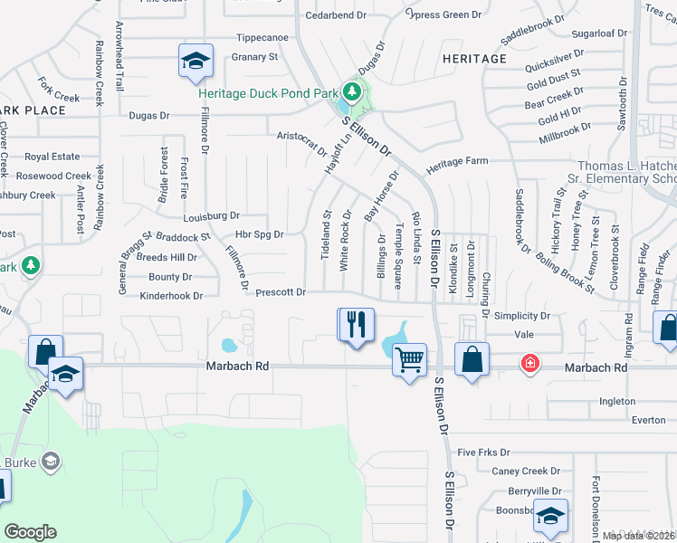 map of restaurants, bars, coffee shops, grocery stores, and more near 1314 Tideland Street in San Antonio