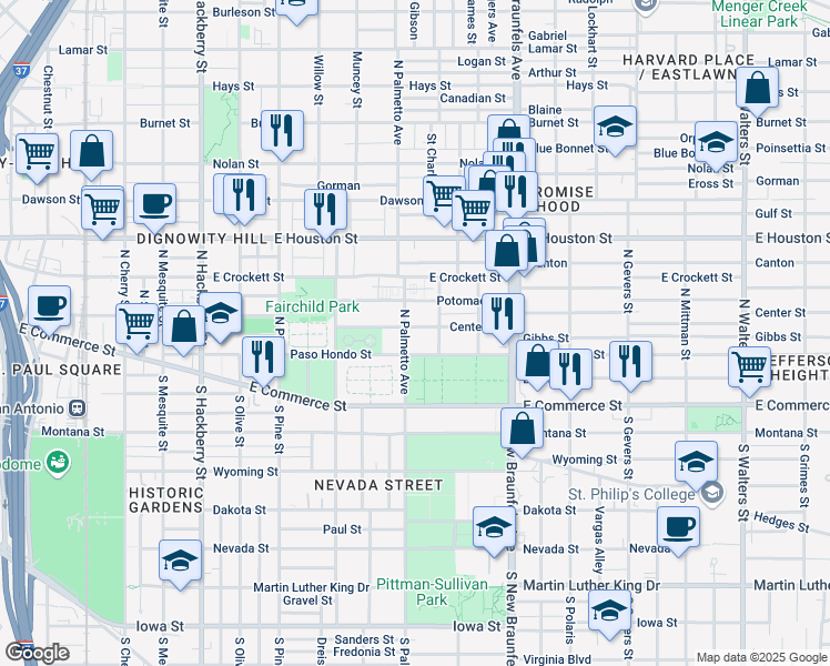 map of restaurants, bars, coffee shops, grocery stores, and more near 1015 Center Street in San Antonio
