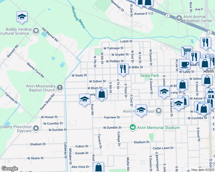 map of restaurants, bars, coffee shops, grocery stores, and more near 204 South 5th Street in Alvin