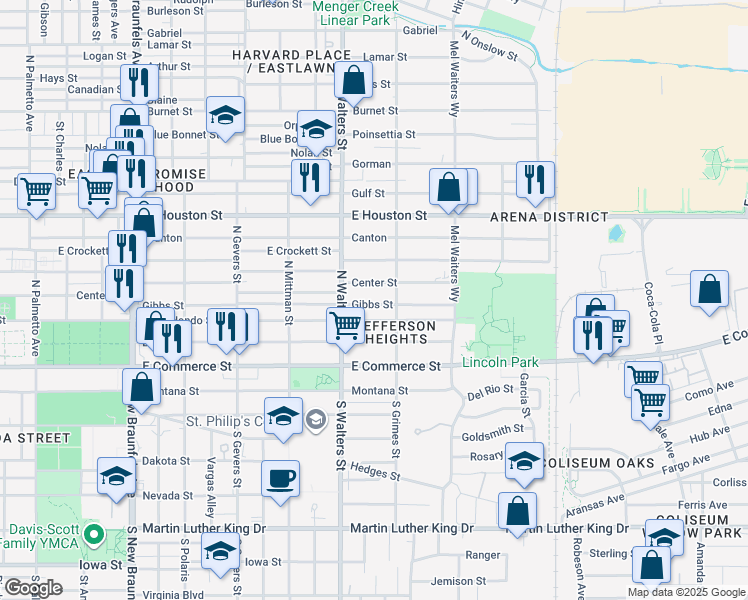 map of restaurants, bars, coffee shops, grocery stores, and more near 1728 Center Street in San Antonio