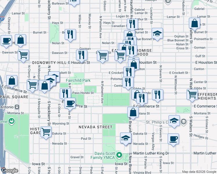 map of restaurants, bars, coffee shops, grocery stores, and more near 1015 Center Street in San Antonio
