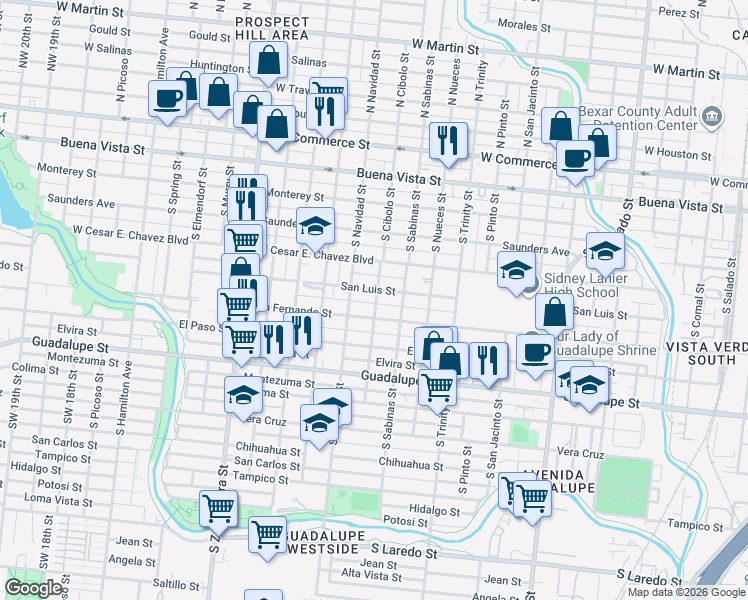 map of restaurants, bars, coffee shops, grocery stores, and more near 2015 San Luis Street in San Antonio