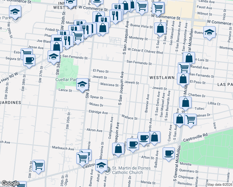 map of restaurants, bars, coffee shops, grocery stores, and more near 123 Jay Williams Street in San Antonio