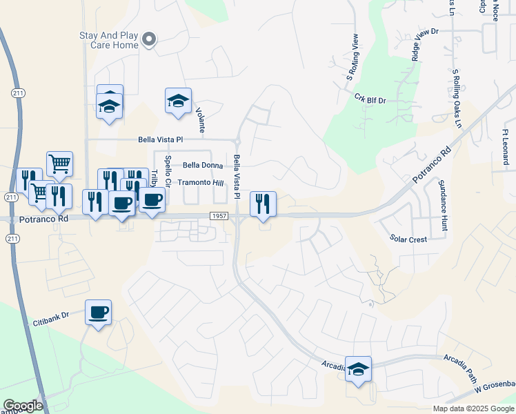 map of restaurants, bars, coffee shops, grocery stores, and more near 13706 Iniga in San Antonio