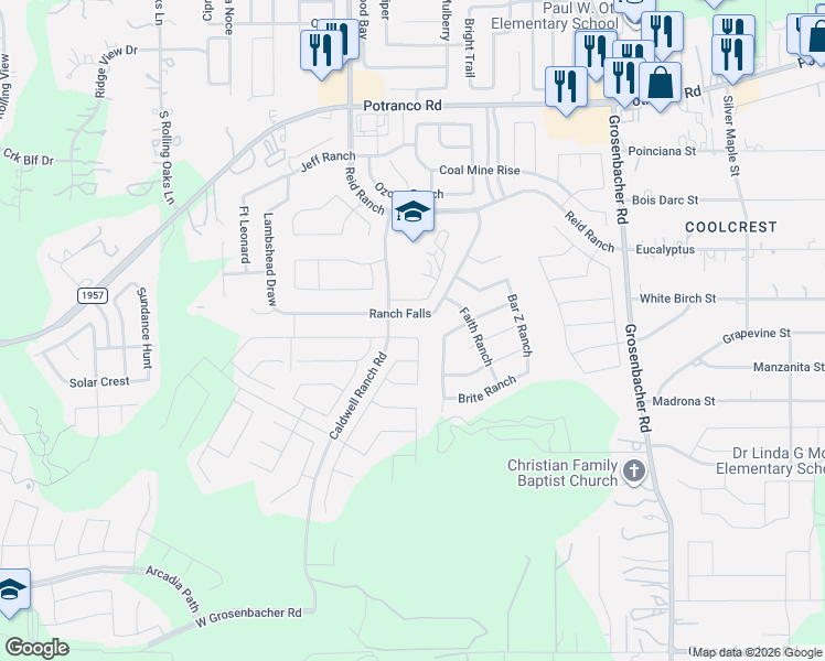 map of restaurants, bars, coffee shops, grocery stores, and more near 1015 Ranch Falls in San Antonio