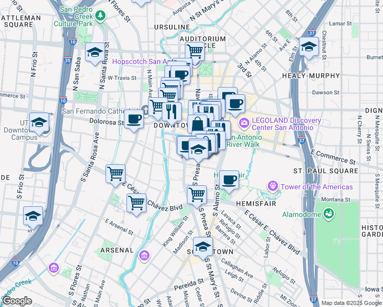 map of restaurants, bars, coffee shops, grocery stores, and more near 146 Navarro Street in San Antonio