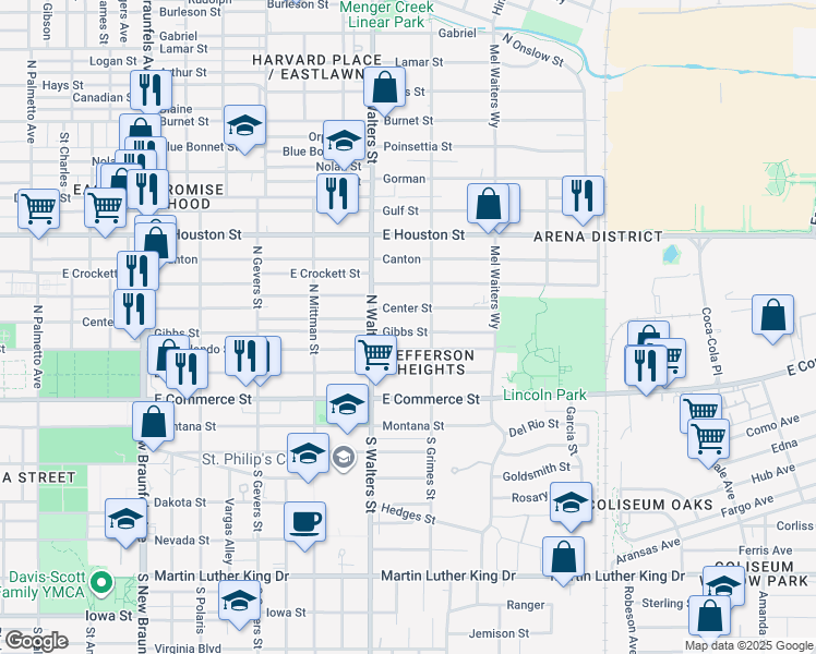 map of restaurants, bars, coffee shops, grocery stores, and more near 1728 Center Street in San Antonio