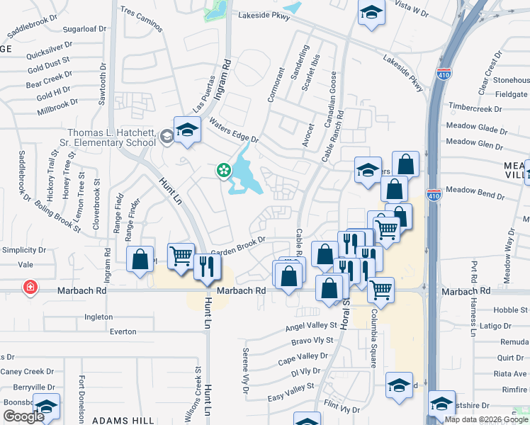 map of restaurants, bars, coffee shops, grocery stores, and more near 1431 Cable Ranch Road in San Antonio