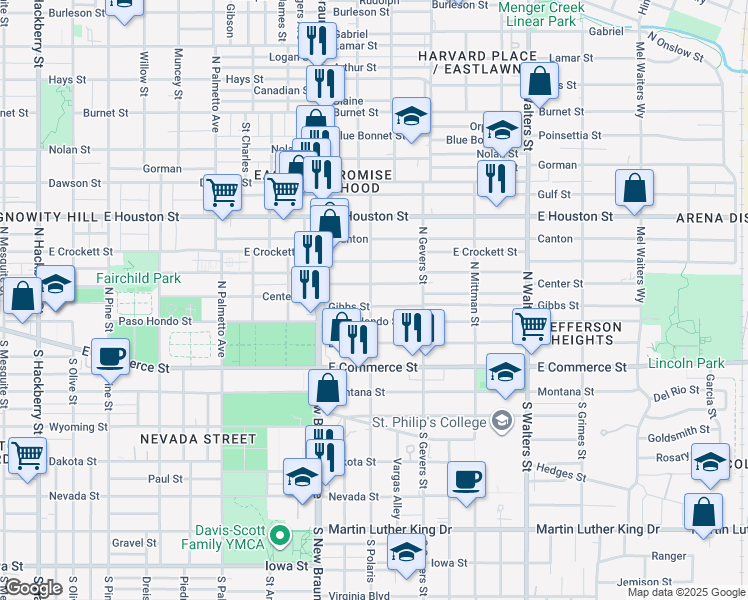 map of restaurants, bars, coffee shops, grocery stores, and more near 1416 Center Street in San Antonio
