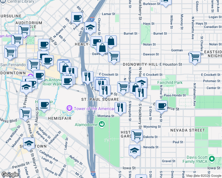 map of restaurants, bars, coffee shops, grocery stores, and more near 1201 East Commerce Street in San Antonio