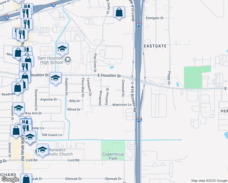 map of restaurants, bars, coffee shops, grocery stores, and more near 5030 Frostwood in San Antonio
