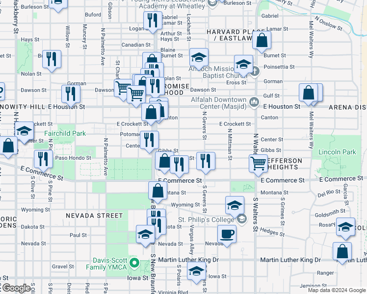 map of restaurants, bars, coffee shops, grocery stores, and more near 1416 Center Street in San Antonio