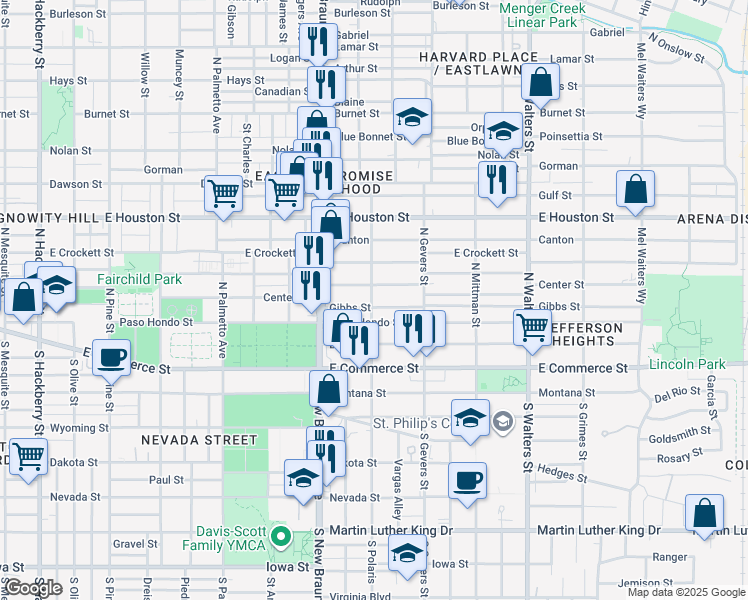 map of restaurants, bars, coffee shops, grocery stores, and more near 1416 Center Street in San Antonio