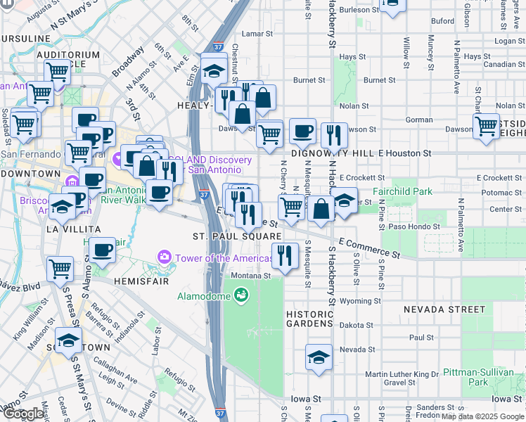 map of restaurants, bars, coffee shops, grocery stores, and more near 243 Center Street in San Antonio
